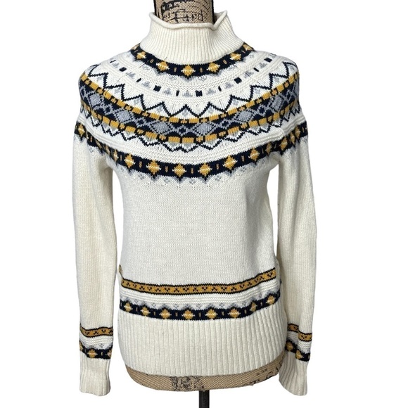J. Crew Wool Mix Sweater Fair Isle Blue and Cream Roll Neck Style - Picture 2 of 10